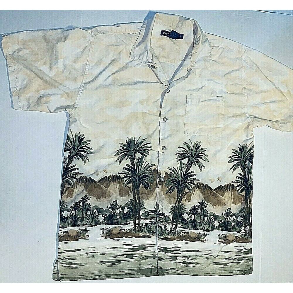 Mens XL 'Newport Blue' Hawaiian Shirt Cotton/Rayon Border Beach Palm Chest 50"